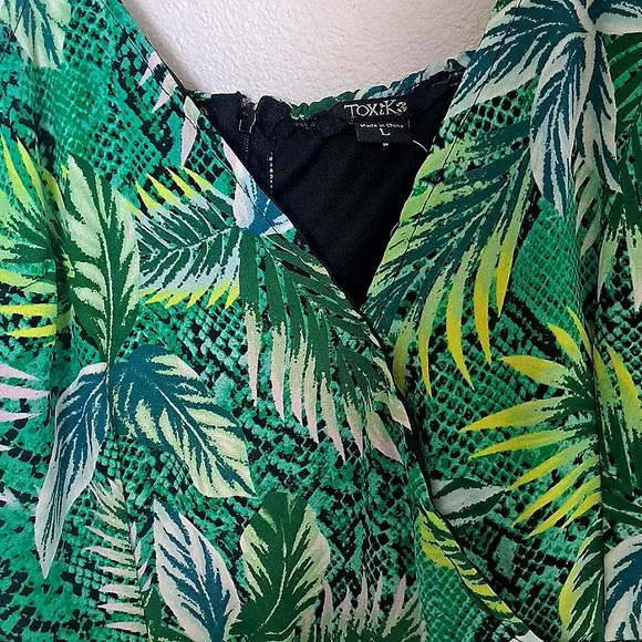 Toxik3 Women Romper Plus Green Tropical Leaf Pattern 1 Piece Adjustable Strap L - Picture 3 of 7